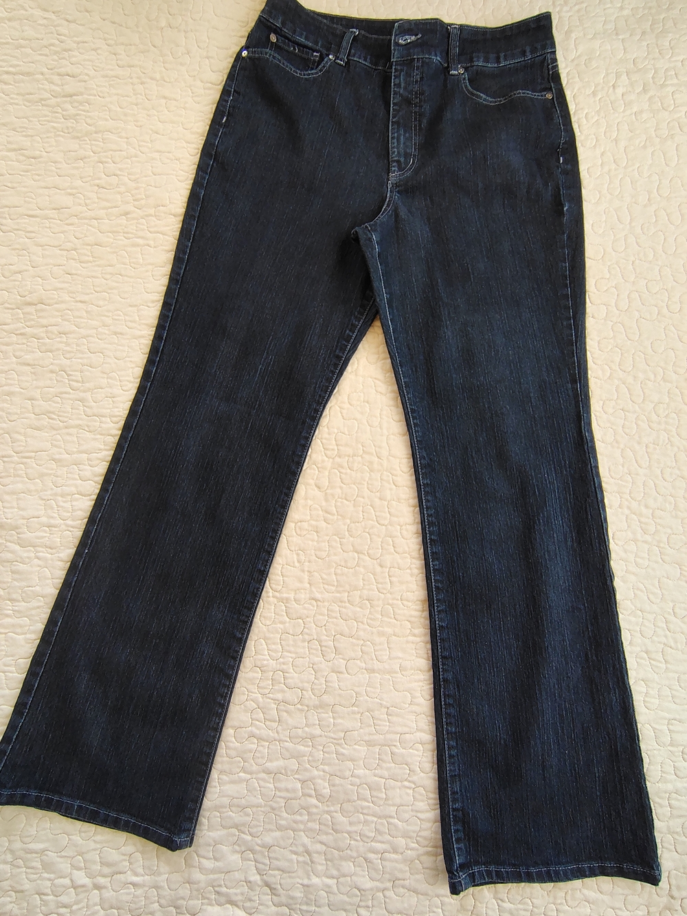 Nine West Dark Wash Bootcut Stretch Jeans Sz 14/31 High Rise Embroidered Pockets